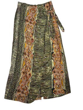 Vintage 90s Revue Faux Wrap Skirt Medium Multicolored Elastic Waist Rayon Tie